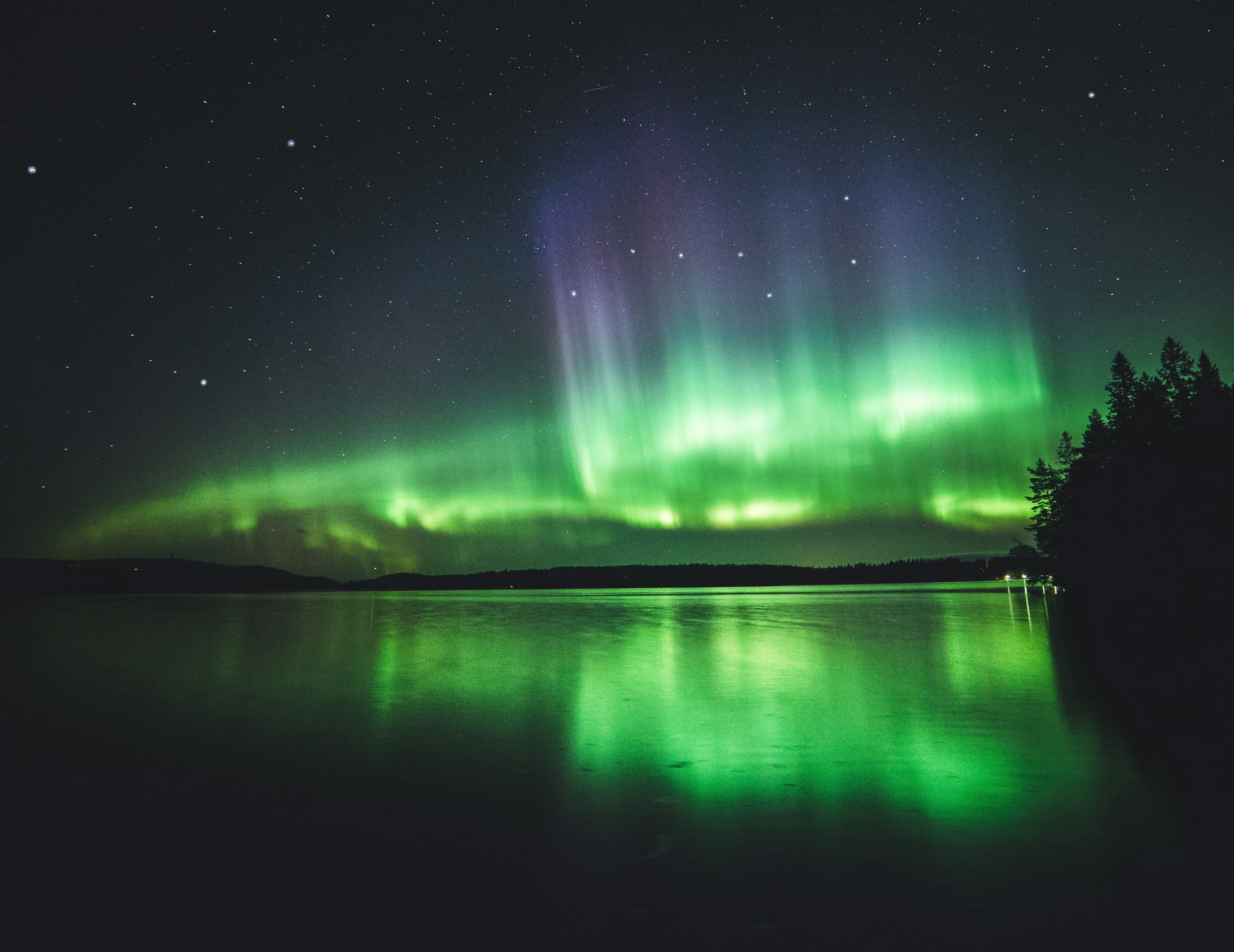 calm body of water under aurora lights